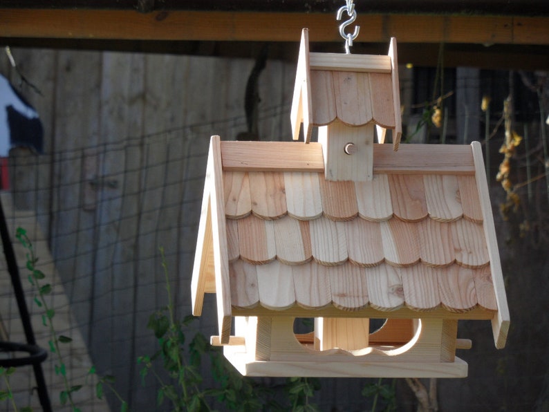 Weather resistant Impregnated aviary Larch wood feeder with feed silo for hanging and placing image 2