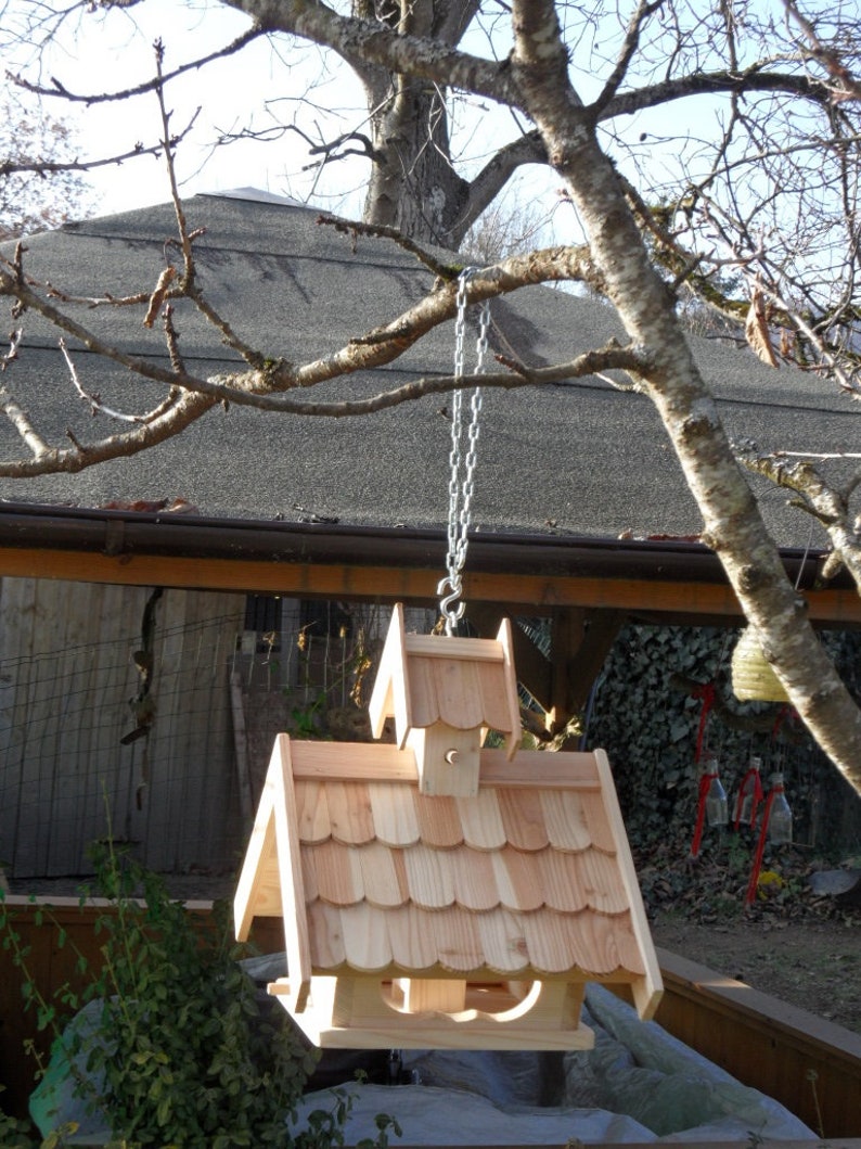 Weather resistant Impregnated aviary Larch wood feeder with feed silo for hanging and placing image 3