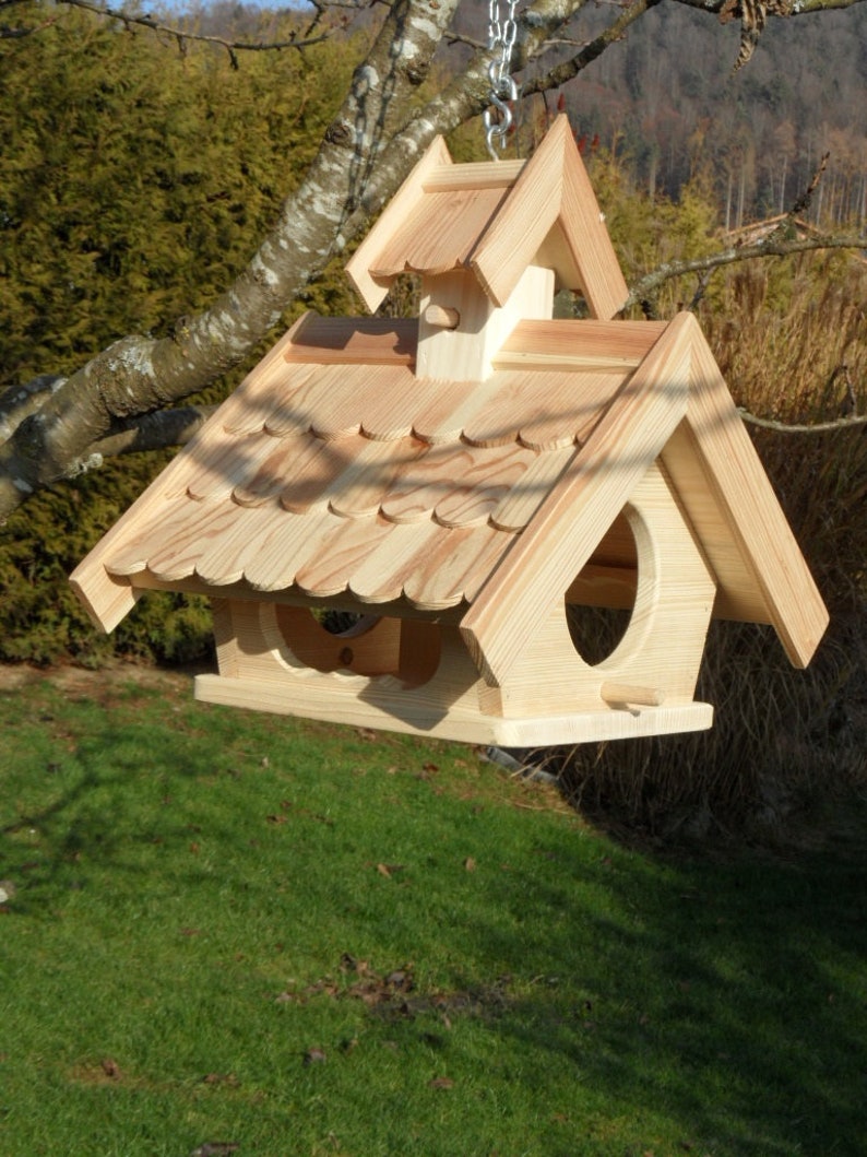 Weather resistant Impregnated aviary Larch wood feeder with feed silo for hanging and placing image 1