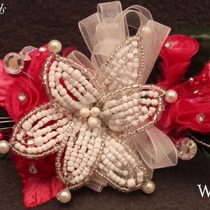 Corsage and Boutonniere set for Homecoming, Prom or Wedding. Fuchsia Hot Pink Beaded Lily with Silk Roses, Beads, Rhinestones.