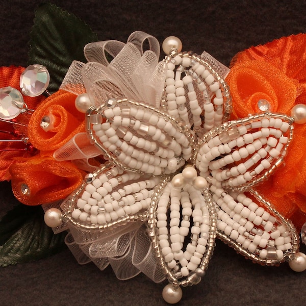 Corsage Orange Beaded Lily with Silk Roses, Beads, Rhinestones.  Perfect for Modern Homecoming Prom & Wedding  Boutonniere Set Option.