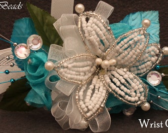 Teal Beaded Lily Corsage, Silk Rose Boutonniere Set