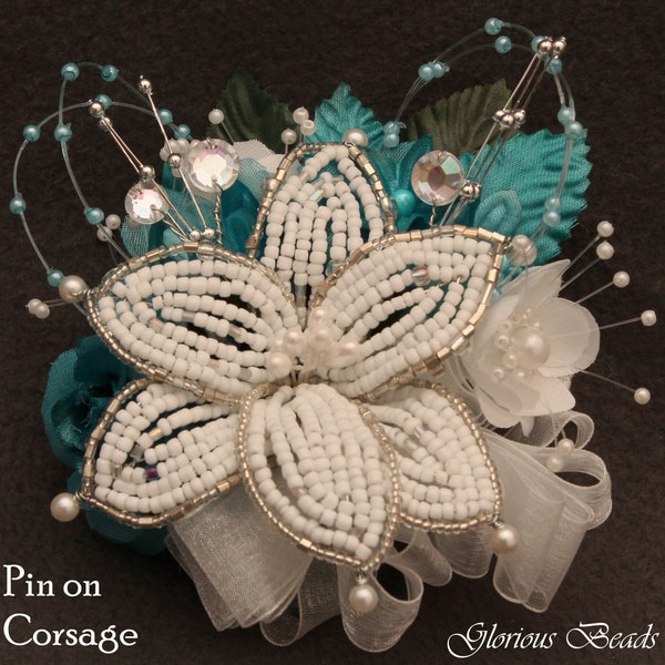 Corsage Teal Turquoise Beaded Lily with Silk Roses, Beads, Rhinestones.  Boutonniere Set Option. Perfect for Homecoming, Prom & Wedding