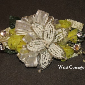 Corsage and Boutonniere Set for Homecoming, Prom or Wedding. Yellow, Silver Beaded Lily with Silk Roses, Beads, Rhinestones and Pearls.