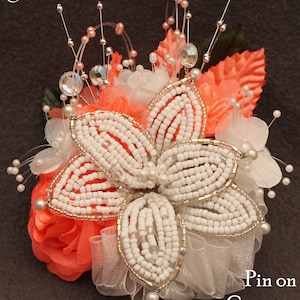 Corsage Coral Beaded Lily with Silk Roses, Beads, Rhinestones.  Boutonniere Set Option. Perfect for Homecoming, Prom & Wedding