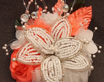 Corsage Coral Beaded Lily with Silk Roses, Beads, Rhinestones.  Boutonniere Set Option. Perfect for Homecoming, Prom & Wedding