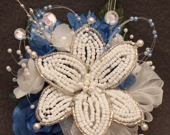 Corsage Blue Beaded Lily with Silk Roses, Beads, Rhinestones.  Boutonniere Set Option. Perfect for Modern Homecoming, Prom & Wedding