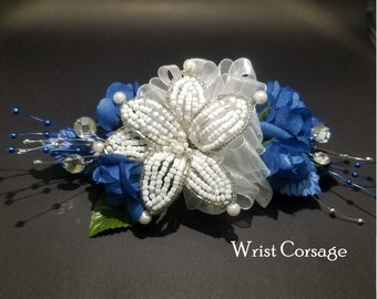 Corsage Royal Blue Beaded Lily with Silk Roses, Beads, Rhinestones.  Boutonniere Set Option. Perfect for Modern Homecoming, Prom & Wedding