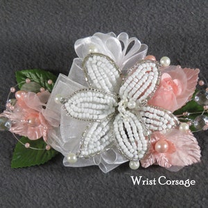 Corsage and Boutonniere set for Homecoming, Prom or Wedding. Blush Pink Beaded Lily with Silk Roses, Beads, Rhinestones.