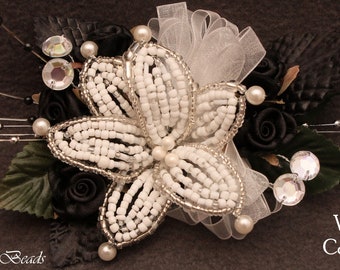 Corsage and Boutonniere Set Homecoming, Prom. Black Silver Beaded Lily with Silk Roses, Beads, Rhinestones. Perfect for Wedding