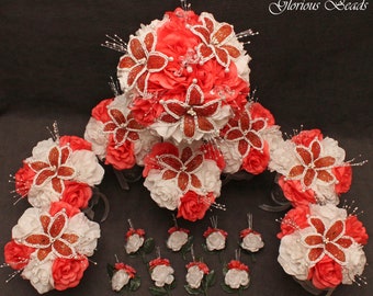 Coral Beaded Lily Wedding Bouquets, Bridal Bouquet, Bridesmaid Bouquet, Artificial Wedding Flowers, Beads, Roses, Crystal & Bling 16 pc