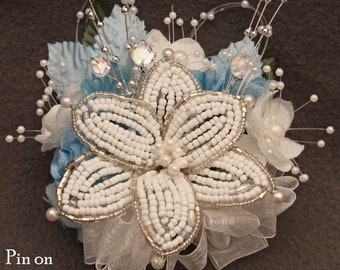 Corsage Light Blue Beaded Lily with Silk Roses, Beads, Rhinestones.  Boutonniere Set Option. Perfect for Homecoming, Prom & Wedding