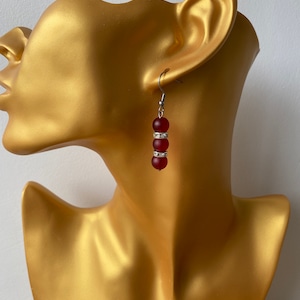 Red dangle earrings, Red frosted glass earrings, Rhinestone earrings, gift for her, gift ideas