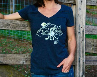Mountain Lion Indigo or Tan Deep V Ladies' T-Shirt, Wildlife Lover Tee, Hand Printed Original Art Design, Gift For Her,Mountain Cat Lover T