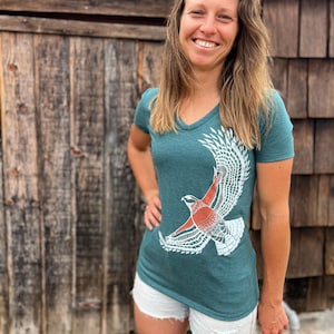 Hawk Design Printed On V-Neck Tee, Recycled Poly, Organic Cotton, Nature Lover Tee, Bird Tee