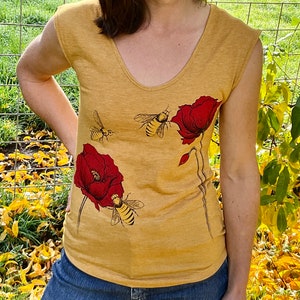 Poppy Honey Bee Sleeveless V-Neck, Gift for Her, Nature Lover, Farm tee, Flower tee