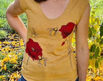Poppy Honey Bee Sleeveless V-Neck, Gift for Her, Nature Lover, Farm tee, Flower tee