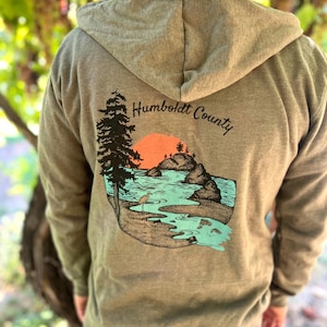 Humboldt County Design Zip-Up Hoodie, Redwoods Sweatshirt, Nature Lover, Unisex Heathered Full-Zip Hooded Sweatshirt, Econscious