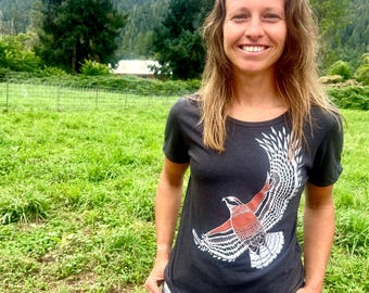 Hawk Shirt, Organic Cotton, Recycled Poly, Bird Tee, Gift for her, Relaxed Fit T-shirt, Nature lover tee, Hand printed, Screen printed shirt