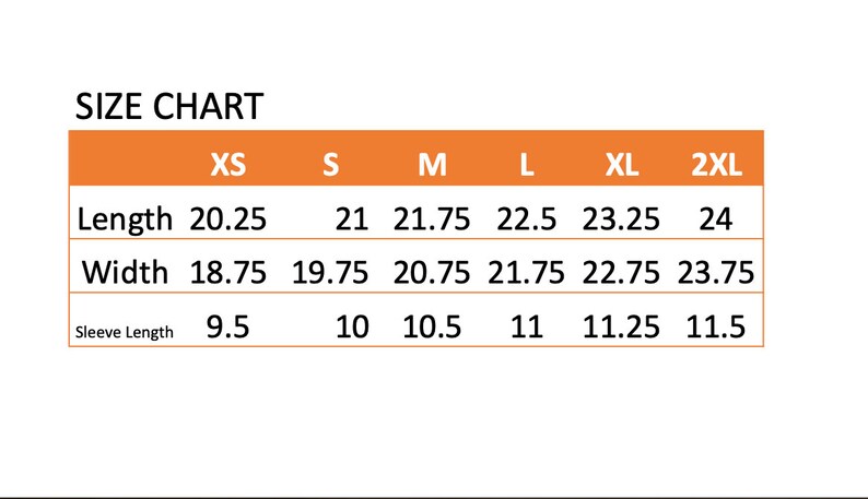 May include: Size chart for clothing with measurements in inches for length, width, and sleeve length. Sizes include XS, S, M, L, XL, and 2XL.