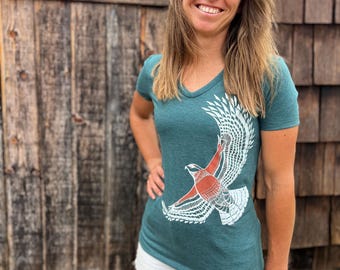 Hawk Design Printed On V-Neck Tee, Recycled Poly, Organic Cotton, Nature Lover Tee, Bird Tee