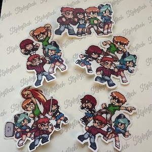 May include: Set of eight colorful cartoon character stickers. The characters are in various poses and have different hairstyles and clothing. The stickers are printed on white paper.