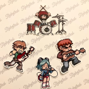 May include: Four pixel art stickers featuring characters from a band. The drummer is a red-haired woman with a black shirt and black drums. The guitarist is a red-haired man with a brown shirt and a red guitar. The bassist is a brown-haired man with a green shirt and a red guitar. The singer is a blue-haired woman with a blue shirt and a microphone.