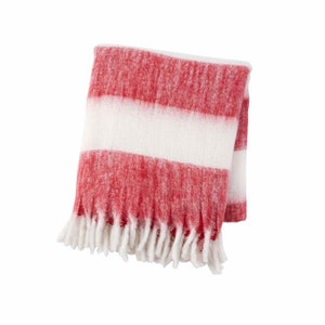 a red and white striped blanket on a white background