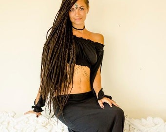 Black Set Dance Gypsy Top Belly Long Bellydance Skirt Costume Off Shoulder Crop Winged Bamboo Full Maxi Witch Wicca Dancing Dakini