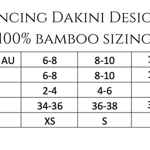 May include: A size chart for clothing made from 100% bamboo. The chart shows sizing in Australian, UK, US, European, and Alpha sizes. The sizes range from 6-8 to 10-12.