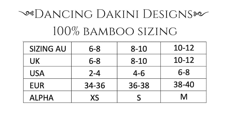 May include: A size chart for clothing made from 100% bamboo. The chart shows sizing in Australian, UK, US, European, and Alpha sizes. The sizes range from 6-8 to 10-12.