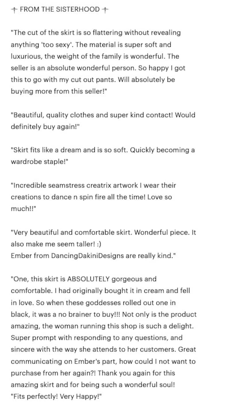 May include: Customer reviews for a skirt. The reviews highlight the soft fabric, flattering fit, and the seller's excellent customer service. The reviews also mention the skirt's versatility and how it can be dressed up or down.