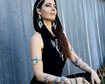 Black Dancing Dakini Hooded Backless Dress Witch Tribal Fusion Bamboo Bellydance Ritual Wicca Hood Dark Black Goddess Festival Costume Dance