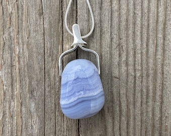 Blue Lace Agate Necklace for Serenity and Breaking Unhealthy Patterns. 17 inch Sterling Silver Coated Snake Chain