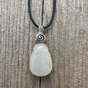 White Moonstone Necklace for New Beginnings, Intuition and Luck. Swirl to Signify Consciousness
