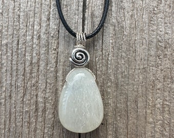 White Moonstone Necklace for New Beginnings, Intuition and Luck. Swirl to Signify Consciousness