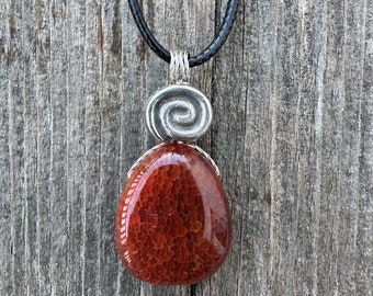 Fire Agate Necklace for Vitality, Grounding & Protection. Swirl to Signify Consciousness.