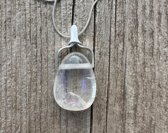 Angel Aura Quartz Pendant for Harmony, Awakening, and Releasing Karmic Ties. 17 inch Sterling Silver Coated Snake Chain