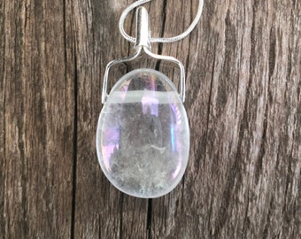 Angel Aura Quartz Pendant for Harmony, Awakening, and Releasing Karmic Ties. 17 inch Sterling Silver Coated Snake Chain