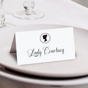 3.5 x 2 Lady Whistledown Style Folded Place Name Tent Card, Plain Black with Cameo, CORJL EDITABLE DIGITAL Template