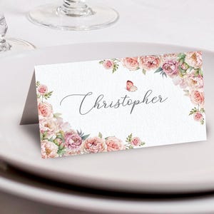 3.5 x 2 Folded Place Name / Food Label Tent Card with Blush Pink Flowers and Butterfly, CORJL EDITABLE DIGITAL Template