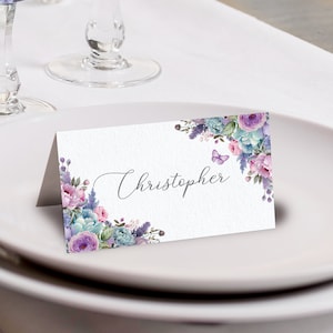 3.5 x 2 Folded Place Name / Food Label Tent Card with Blue, Pink, Lilac Flowers and Butterfly, CORJL EDITABLE DIGITAL Template
