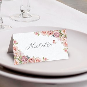 3.5 x 2 Folded Place Name / Food Label Tent Card with Blush Pink Flowers and Butterfly, CORJL EDITABLE DIGITAL Template
