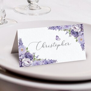 3.5 x 2 Folded Place Name / Food Label Tent Card with Lavender Colored Flowers and Butterfly, CORJL EDITABLE DIGITAL Template