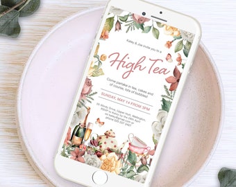 High Tea Electronic Invitation, Pretty Floral Greenery Border, Editable Invite with Champagne, Teapot, Teacups and Butterfly