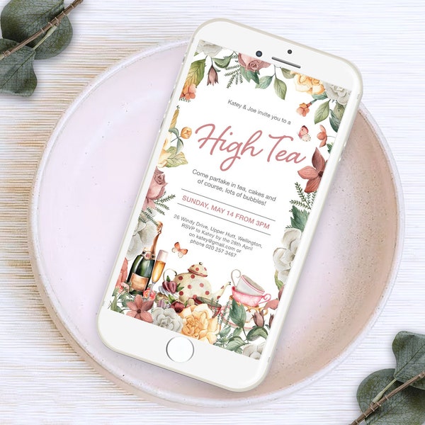 High Tea Electronic Invitation, Pretty Floral Greenery Border, Editable Invite with Champagne, Teapot, Teacups and Butterfly