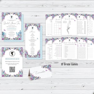 Bundle of 5 Bridal Shower Products with Blue Lilac Flowers, Bridgerton Style Cameo, Teapot, Butterflies, CORJL EDITABLE DIGITAL Templates