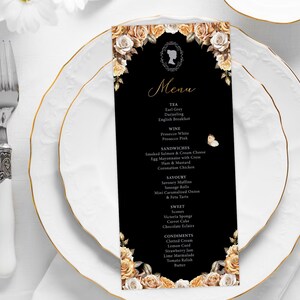 Gold Braun Rose Blume Tea Party Menü auf Schwarz, 4 x 9, Bridgerton Style Cameo, Schmetterling, Corjl EDITIERBARER DIGITALER DOWNLOAD