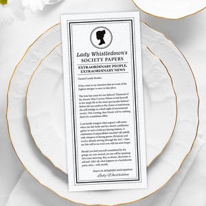 Bachelorette Lady Whistledown Society Page Announce, 4 x 9, Dearest Gentle Reader, Round Bridgerton Cameo, Corjl Editable DIGITAL DOWNLOAD