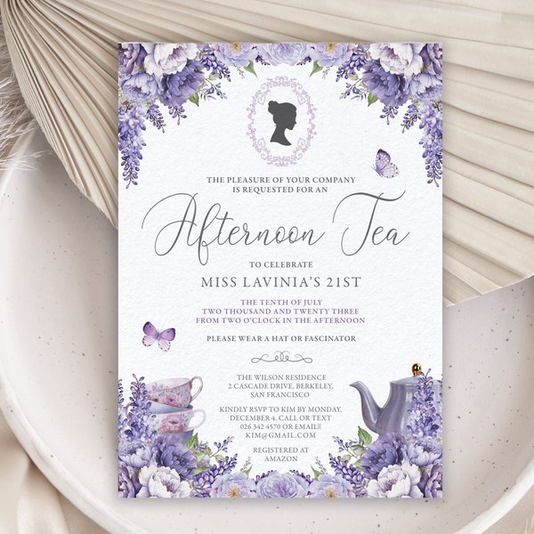 5 x 7 Afternoon Tea Invitation with Lavender Lilac Wisteria Flowers, Bridgerton Cameo, Teapot, Teacup, Corjl Editable Digital Download